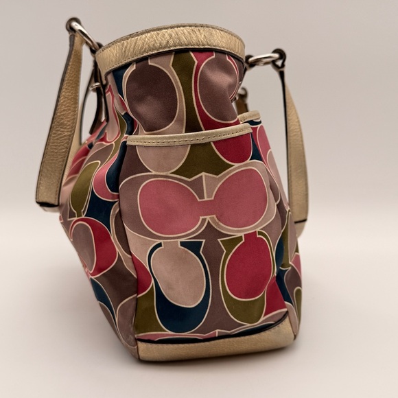 Coach Signature Multi-Color Satin Tote Bag with Metallic Gold Trim Shoulder Bag - Picture 3 of 16
